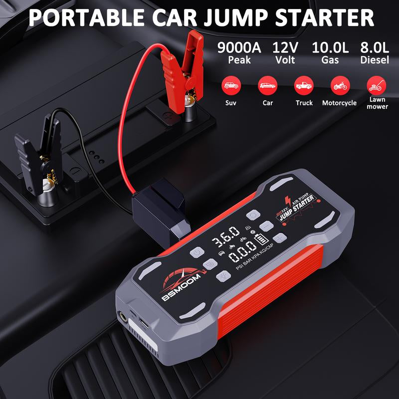 BSMOOM [7 in 1] 9000A Portable Car Jump Starter (For All Gas, 12.0L Diesel), with 150Psl Tire Inflator, 12V Battery, Blower All-In-One, 16800-20000Mah Power Bank Fast Charging , with LED Light