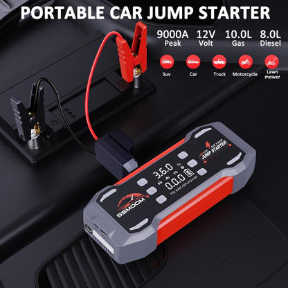 BSMOOM [7 in 1] 9000A Portable Car Jump Starter (For All Gas, 12.0L Diesel), with 150Psl Tire Inflator, 12V Battery, Blower All-In-One, 16800-20000Mah Power Bank Fast Charging , with LED Light