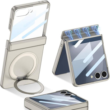 XIMAND for Samsung Galaxy Z Flip 7 Case with 360 Bracket Ring Holder Magnetic Hinge Protection & Built-In Front Screen Protector, Slim Texture Shockproof Case.