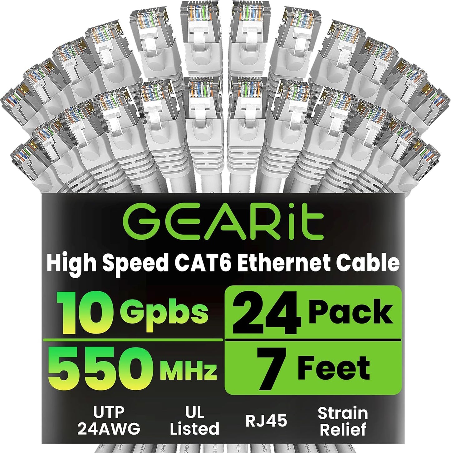 Cat 6 Ethernet Cable (24-Pack 7 Feet) Cat6 Network Patch, 10Gbps, RJ45, Snagless Cord, Gold-Plated Connectors, Internet for PC, TV, Tablet, Router, Printer, Servers, IT Data Center - White