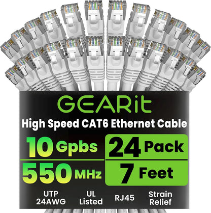 Cat 6 Ethernet Cable (24-Pack 7 Feet) Cat6 Network Patch, 10Gbps, RJ45, Snagless Cord, Gold-Plated Connectors, Internet for PC, TV, Tablet, Router, Printer, Servers, IT Data Center - White