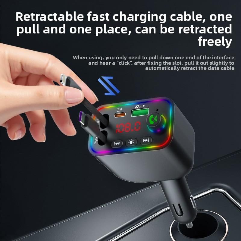 4-In-1 Retractable Car Charger: Dual USB Ports,Adjustable Frequency 87.5-108 Wireless Radio, Bluetooth Adapter& Charger,Mp3 Player (TF Card/Usb Supported) with Bluetooth-Compatible, 7-Color LED & Hands-Free Calling – Works with Iphone 11 to 15 Pro Max