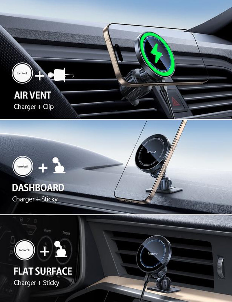 Lamicall 15W Magsafe Car Charger Mount – [2-In-1 Vent Clip & Dashboard Adhesive] Fast Wireless Magnetic Phone Holder for Iphone 16/15 Pro Max Adjustable #Tiktokshopblackfriday #Tiktokshopcybermonday