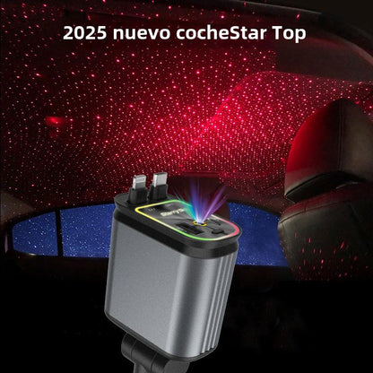 Fast Car Charger with Starlight 4-In-1 Retractable Car Charger with Built-In Double Cable Voltage Display 31.5 Inch Range Built-In Starlight Projector