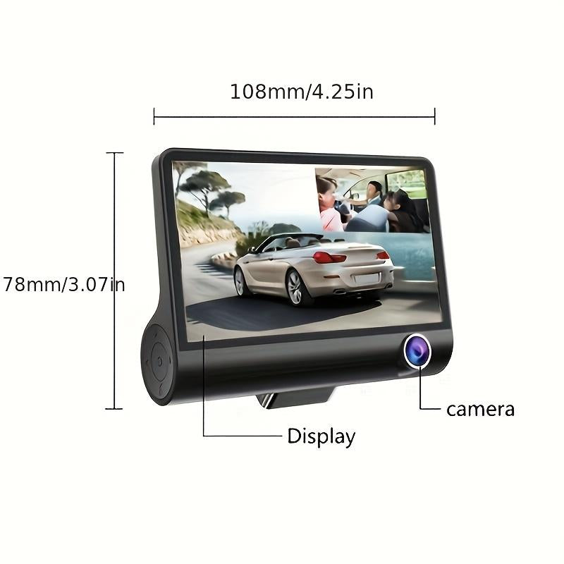 HD 1080P 3-Channel Dash Camera with Front inside Rear Recording, Night Vision Car DVR with 4-Inch Large Screen, Reversing Assist, Loop Recording, Parking Monitor, Accident Evidence Recorder, Built-In 32GB Memory for Safe Driving