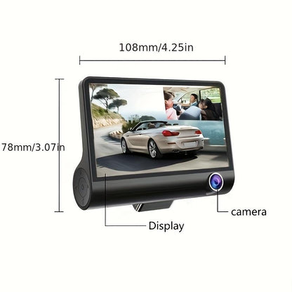 HD 1080P 3-Channel Dash Camera with Front inside Rear Recording, Night Vision Car DVR with 4-Inch Large Screen, Reversing Assist, Loop Recording, Parking Monitor, Accident Evidence Recorder, Built-In 32GB Memory for Safe Driving