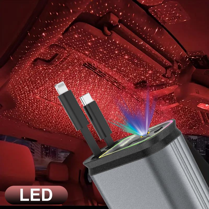 Fast Car Charger with Starlight 4-In-1 Retractable Car Charger with Built-In Double Cable Voltage Display 31.5 Inch Range Built-In Starlight Projector