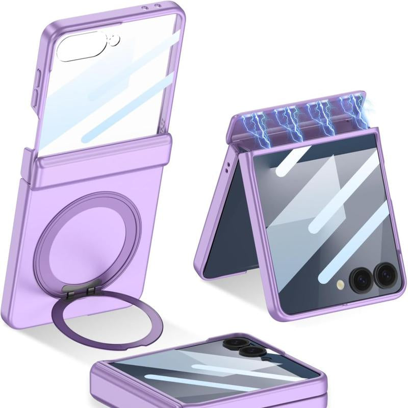 XIMAND for Samsung Galaxy Z Flip 7 Case with 360 Bracket Ring Holder Magnetic Hinge Protection & Built-In Front Screen Protector, Slim Texture Shockproof Case.