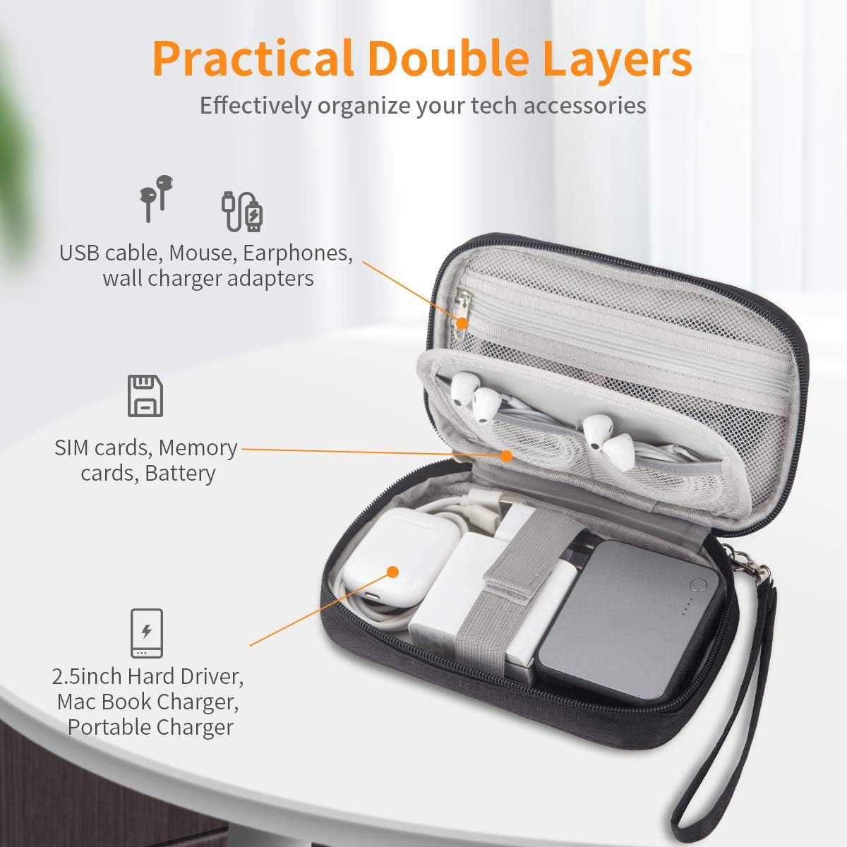 Small Electronic Organizer Cable Bag, Travel Portable 2 PCS Electronic Accessories Storage Bag Soft Carrying Case Pouch for Hard Drive, Cord, Charger, Earphone, USB, SD Card (Black+Gray)