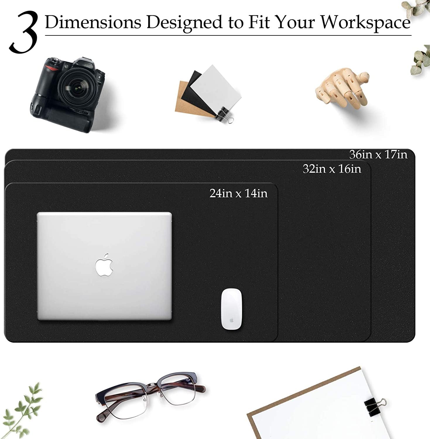 PU Leather Desk Pad with Suede Base, Multi-Color Non-Slip Mouse Pad, 36” X 17” Waterproof Desk Writing Mat, Large Desk Blotter Protector(Black)