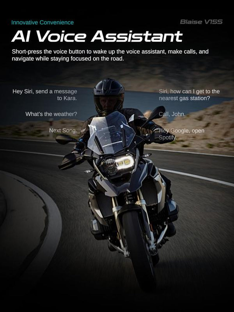 Blaise V15S Motorcycle Bluetooth Headset 15-Rider MESH Intercom Range 1000M Dual-Chip Crystal Clear at 120Km/H with ENC Noise Reduction 25H Battery & IP56 Waterproof ️ Music Sharing