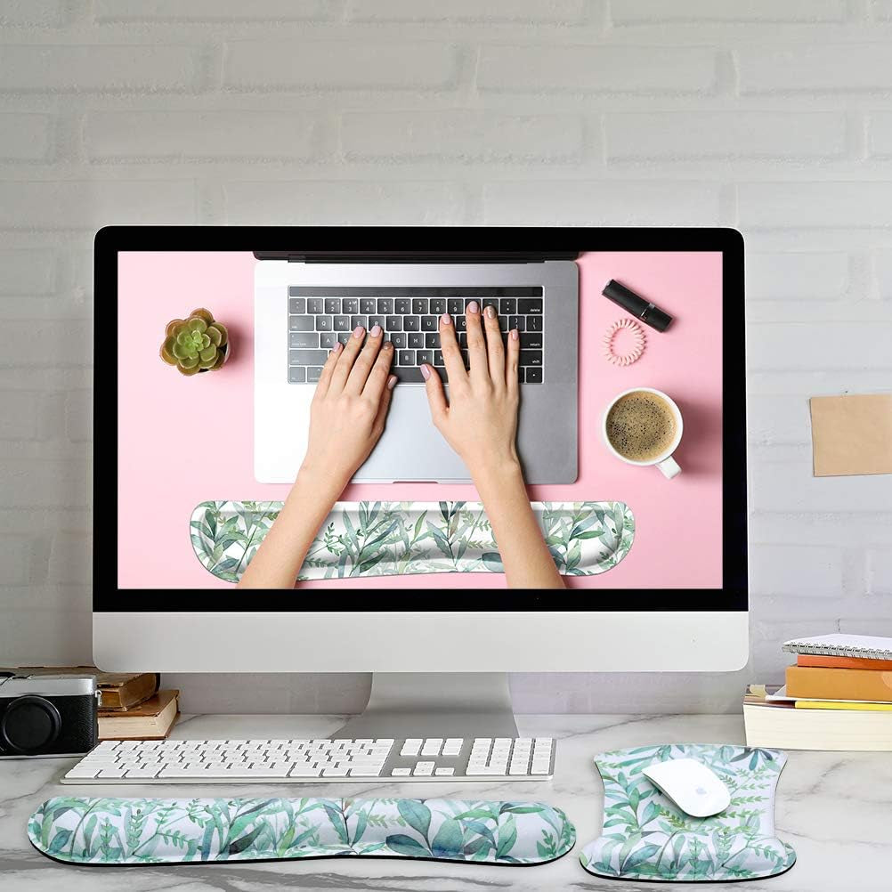 Ergonomic Mouse Pad with Wrist Rest Support and Keyboard Wrist Rest Pad Set,  Cute Wrist Pad with Non-Slip Rubber Base and Raised Memory Foam, Easy Typing & Pain Relief, Green Plants