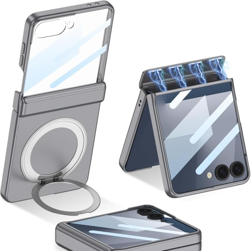 XIMAND for Samsung Galaxy Z Flip 7 Case with 360 Bracket Ring Holder Magnetic Hinge Protection & Built-In Front Screen Protector, Slim Texture Shockproof Case.