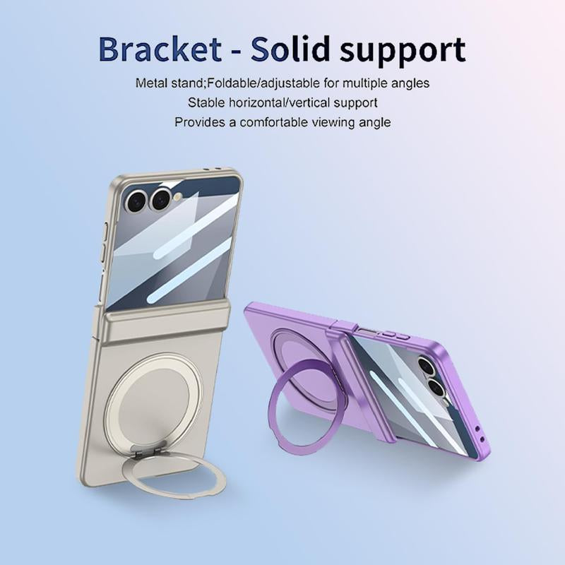 XIMAND for Samsung Galaxy Z Flip 7 Case with 360 Bracket Ring Holder Magnetic Hinge Protection & Built-In Front Screen Protector, Slim Texture Shockproof Case.