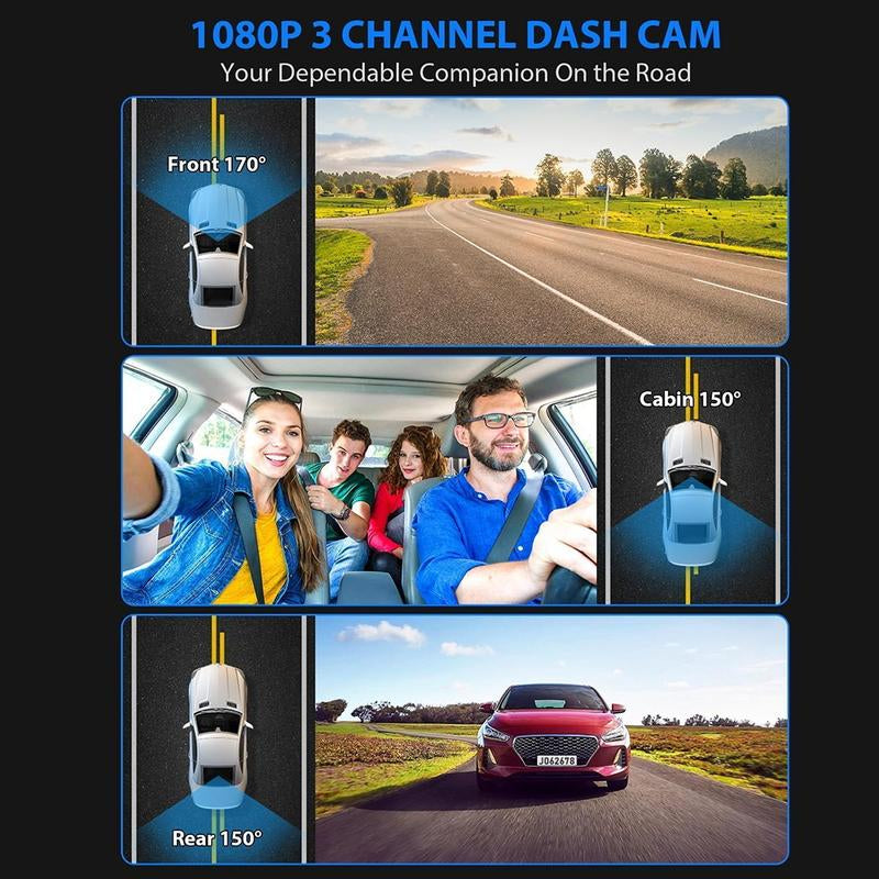 Whatook Wifi-1080P 3 Channel Dash Cam with 32GB Card HDR G-Sensor 24Hr Parking Waterproof Backup Camera Triple Dashcam Video Dashcam