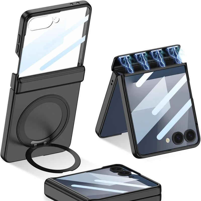 XIMAND for Samsung Galaxy Z Flip 7 Case with 360 Bracket Ring Holder Magnetic Hinge Protection & Built-In Front Screen Protector, Slim Texture Shockproof Case.