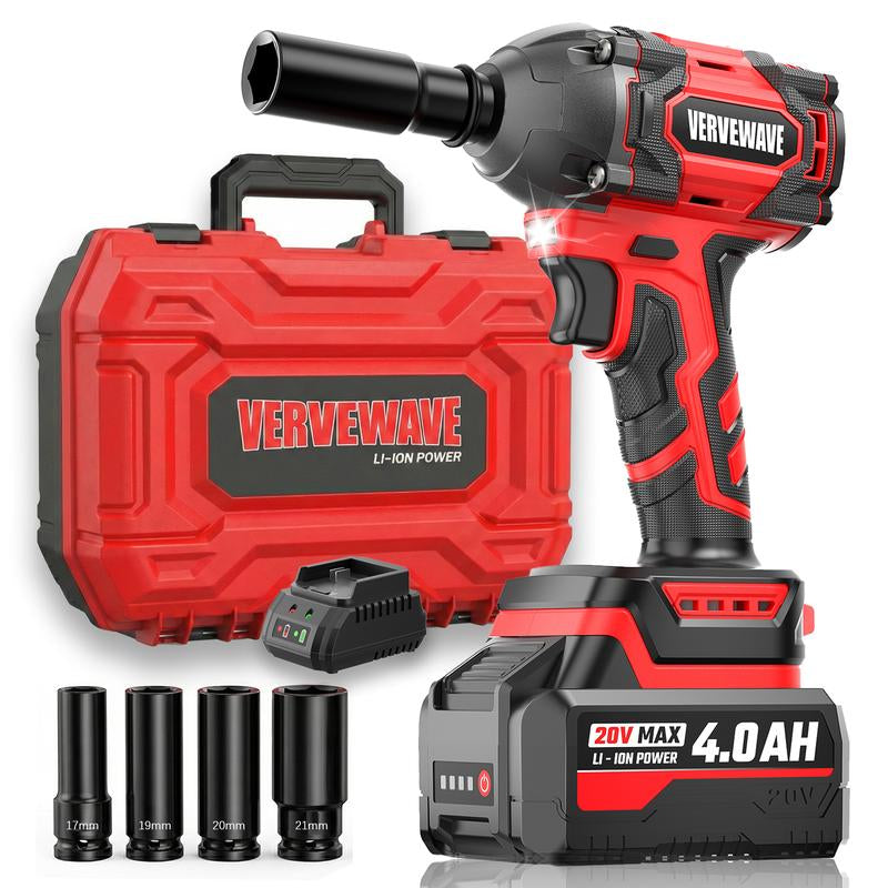 VERVEWAVE 20V Cordless Impact Wrench 1/2" High Torque Gun Kit - 300 Ft-Lbs (400N.M) for Car Tires & Lug Nuts - Includes 4.0Ah Battery, Fast Charger, 4 Sockets & Case