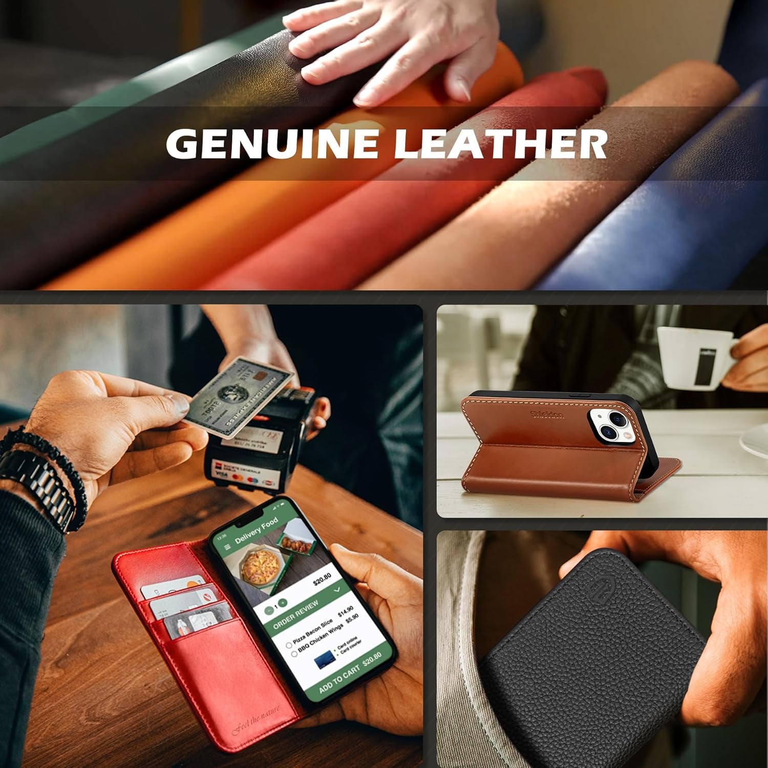 Case for Iphone 13, Genuine Leather Wallet Folding Case with Kickstand RFID Blocking Card Slots Magnetic Shockproof Cover Compatible with Iphone 13 5G (6.1" 2021) - Midnight Green
