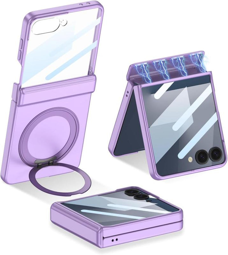 XIMAND for Samsung Galaxy Z Flip 7 Case with 360 Bracket Ring Holder Magnetic Hinge Protection & Built-In Front Screen Protector, Slim Texture Shockproof Case.