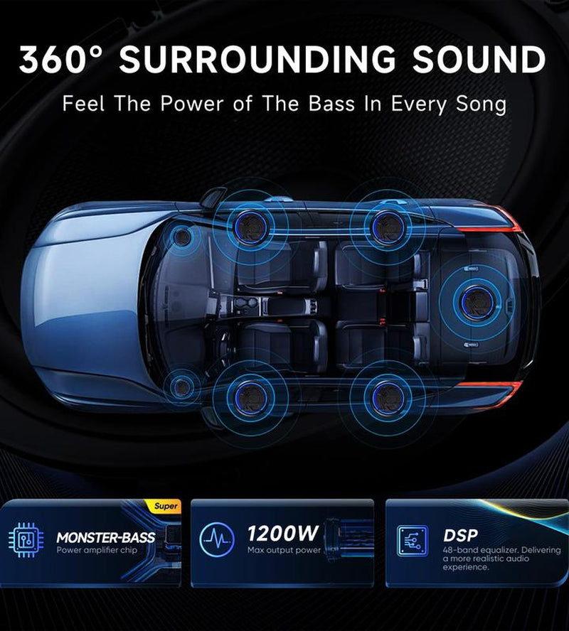 VIKEJIEBIV 1200W RGB Subwoofer, Slim Underseat Car Subwoofer and Amp Package with RGB Beat-Synced Light, Individual Control for Low Pass/Gain/Boost Bass, Deep Bass Perfect for Truck/Suv/Jeep/Mpv
