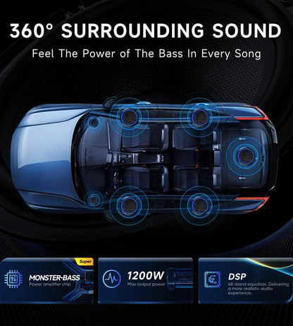 VIKEJIEBIV 1200W RGB Subwoofer, Slim Underseat Car Subwoofer and Amp Package with RGB Beat-Synced Light, Individual Control for Low Pass/Gain/Boost Bass, Deep Bass Perfect for Truck/Suv/Jeep/Mpv