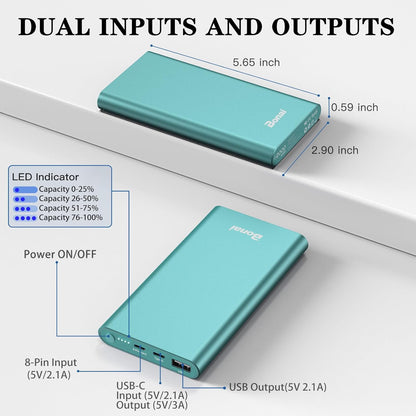 Portable Charger 12,000Mah 5V/3A Fast Charging Power Bank, Dural Input & Output Ports (USB-C in & Out) Portable Phone Charger for Iphone 17/16/15/14/13/12 Series Galxy Android Ipad Etc - Mint