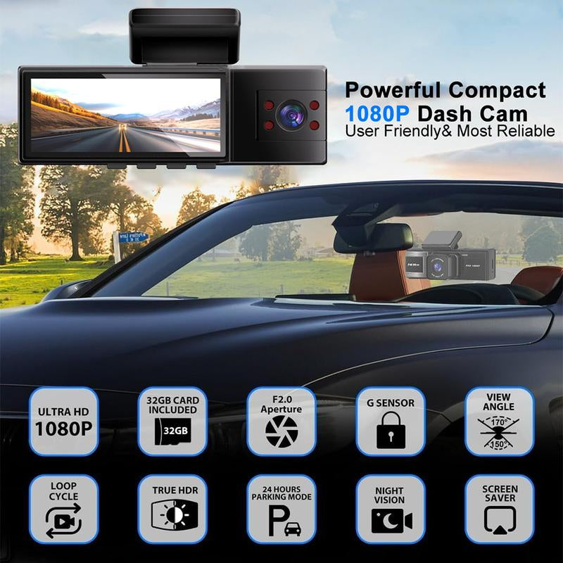 Whatook Wifi-1080P 3 Channel Dash Cam with 32GB Card HDR G-Sensor 24Hr Parking Waterproof Backup Camera Triple Dashcam Video Dashcam