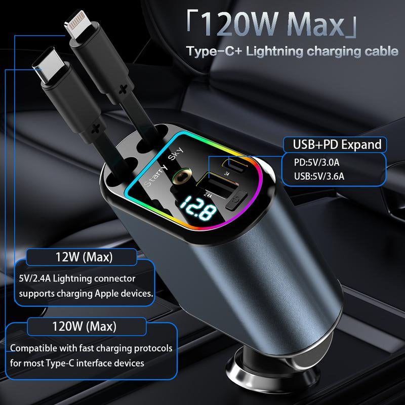 Retractable Car Charger Adapter for Iphone 17,4 in 1 Fast Charging Car Phone Charger,120W USB C Car Truck Accessories,Road Trip Essentials Gift for Men Women for Iphone 17 Pro Max/16/15/14/13/12,Galaxy