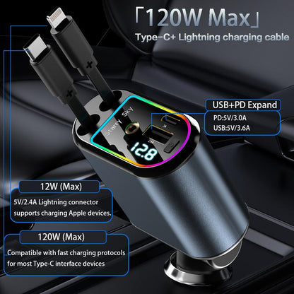 Retractable Car Charger Adapter for Iphone 17,4 in 1 Fast Charging Car Phone Charger,120W USB C Car Truck Accessories,Road Trip Essentials Gift for Men Women for Iphone 17 Pro Max/16/15/14/13/12,Galaxy