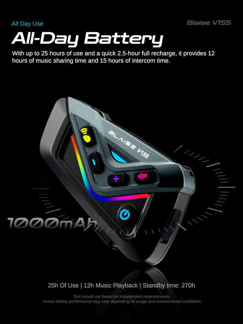 Blaise V15S Motorcycle Bluetooth Headset 15-Rider MESH Intercom Range 1000M Dual-Chip Crystal Clear at 120Km/H with ENC Noise Reduction 25H Battery & IP56 Waterproof ️ Music Sharing