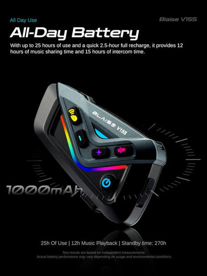 Blaise V15S Motorcycle Bluetooth Headset 15-Rider MESH Intercom Range 1000M Dual-Chip Crystal Clear at 120Km/H with ENC Noise Reduction 25H Battery & IP56 Waterproof ️ Music Sharing