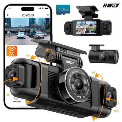 IIWEY N5 4 Channel Dash Cam 360° View 1080P Front & Rear 8 IR Lamps Night Vision 5G Wifi APP Control G-Sensor Parking Mode 128GB SD Card Included Side Camera