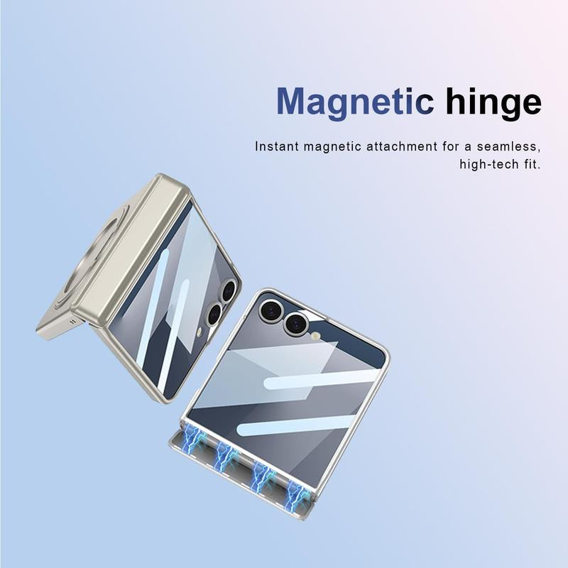 XIMAND for Samsung Galaxy Z Flip 7 Case with 360 Bracket Ring Holder Magnetic Hinge Protection & Built-In Front Screen Protector, Slim Texture Shockproof Case.