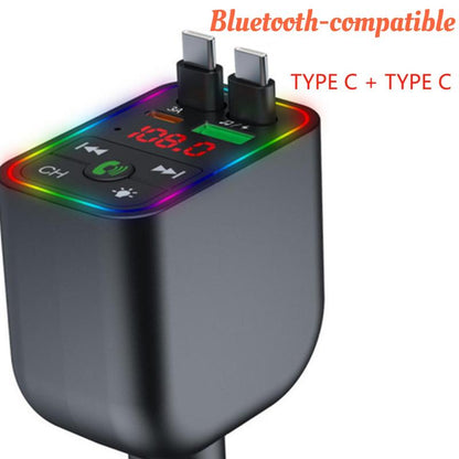 4-In-1 Retractable Car Charger: Dual USB Ports,Adjustable Frequency 87.5-108 Wireless Radio, Bluetooth Adapter& Charger,Mp3 Player (TF Card/Usb Supported) with Bluetooth-Compatible, 7-Color LED & Hands-Free Calling – Works with Iphone 11 to 15 Pro Max