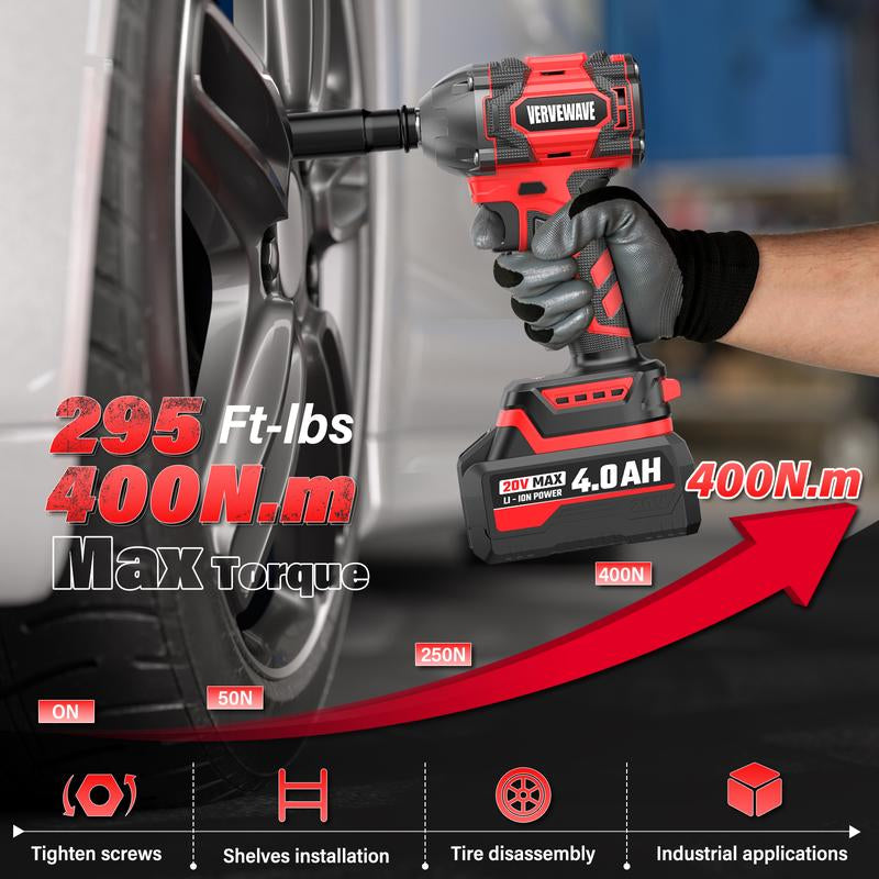 VERVEWAVE 20V Cordless Impact Wrench 1/2" High Torque Gun Kit - 300 Ft-Lbs (400N.M) for Car Tires & Lug Nuts - Includes 4.0Ah Battery, Fast Charger, 4 Sockets & Case