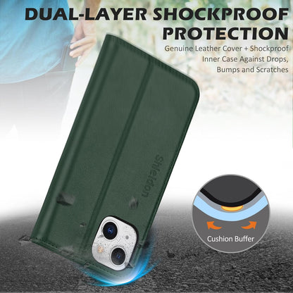 Case for Iphone 13, Genuine Leather Wallet Folding Case with Kickstand RFID Blocking Card Slots Magnetic Shockproof Cover Compatible with Iphone 13 5G (6.1" 2021) - Midnight Green