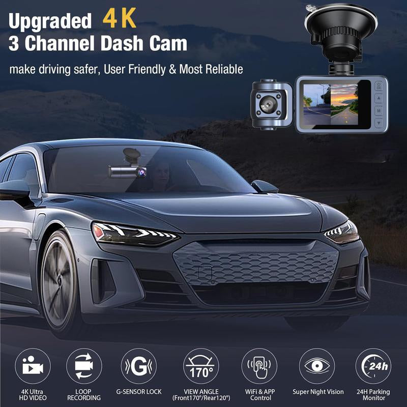 HYRORA 4K Triple Dash Cam with Wifi Front inside Rear View Night Vision 24H Parking Monitor Car Driving Recorder HD Crystal-Clear Recording 2 Inch Display Free 32GB Card Holiday Haul Christmas