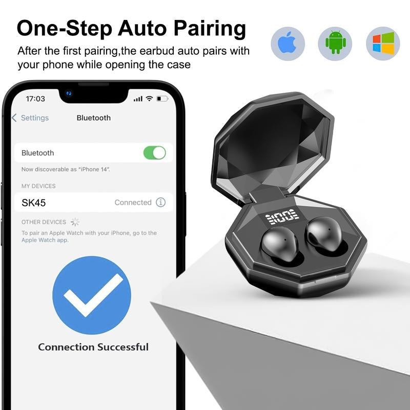 SK45 True Wireless Invisible Bluetooth Headphones,Tiny Size,Heavy Bass&Noise Cancelling Audio Earphone,Touch Control,Headset with Display,Audifonos Bluetooth Wireless for Sleeping