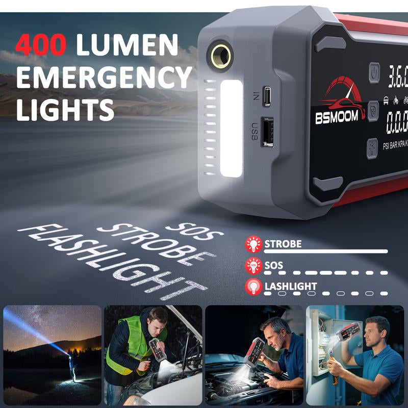 BSMOOM [7 in 1] 9000A Portable Car Jump Starter (For All Gas, 12.0L Diesel), with 150Psl Tire Inflator, 12V Battery, Blower All-In-One, 16800-20000Mah Power Bank Fast Charging , with LED Light
