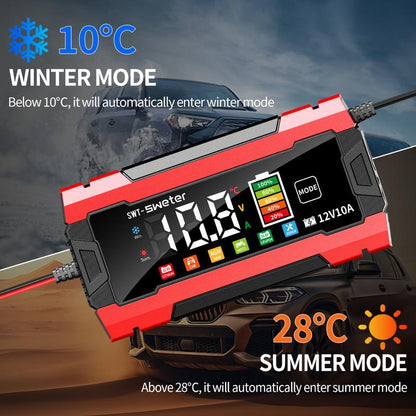 12V 10A Smart Car Battery Charger - US Pulg, Fully-Automatic Maintainer/Temperature Compensation & LCD Display, AC Adapter (110-240V), Suitable for AGM, Gel, SLA & More