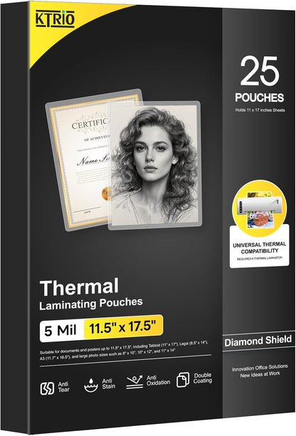 5 Mil Laminating Sheets, Hold 11 X 17 Inches Sheet, 25 Pack Thermal Laminating Pouches, 11.5 X 17.5” Laminate Sheets for Laminator, Clear Lamination Sheet Paper, Office School Home Supplies