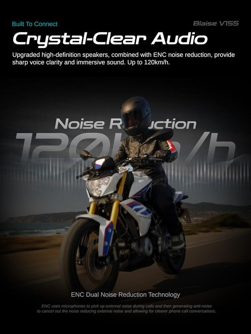 Blaise V15S Motorcycle Bluetooth Headset 15-Rider MESH Intercom Range 1000M Dual-Chip Crystal Clear at 120Km/H with ENC Noise Reduction 25H Battery & IP56 Waterproof ️ Music Sharing