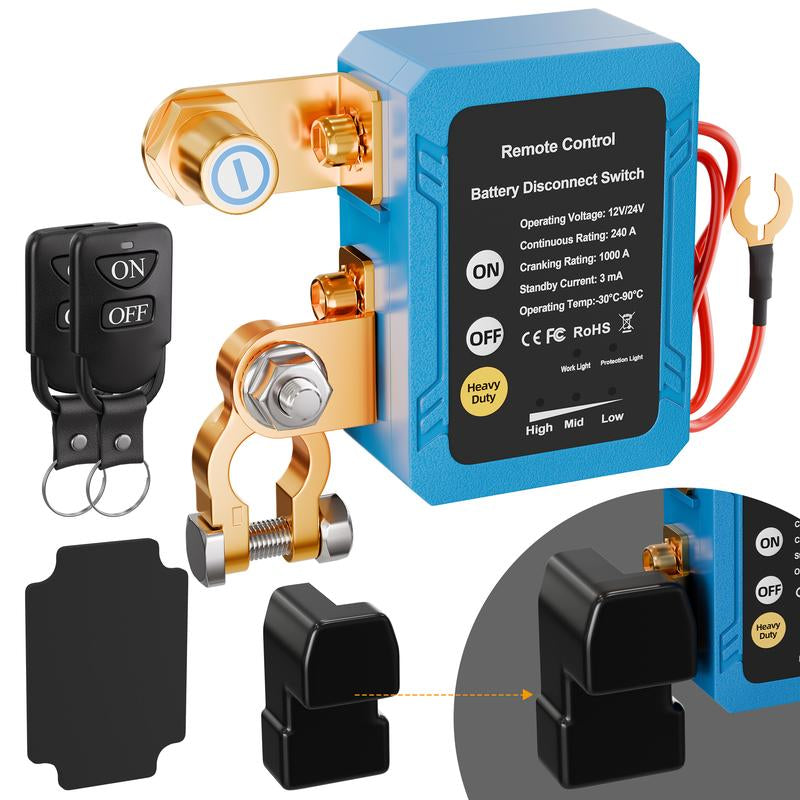 Eunik Dc 12V 240A Wireless Remote Battery Disconnect Switch, Two Key Operation for Cars, Quick Power Cut off Feature Smart