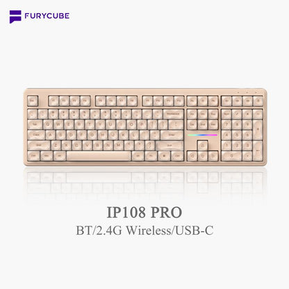 FURYCUBE IP108 Foundation Gaming Keyboard, 108 Keys Keyboard Tri-Mode Cute Keyboard Classic Keyboard with Number Pad, Media Knob Custom Mechanical Feel Keyboard, RGB Backlit Ergonomic Office Silent Computer Keyboard for PC, MAC, PS4, Xbox ONE Gamer