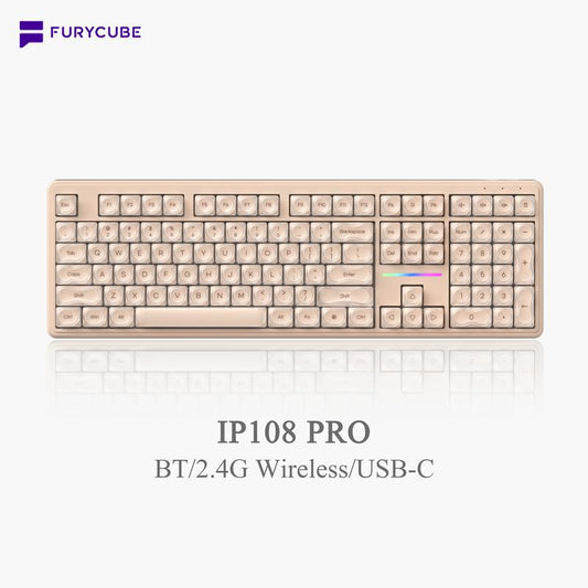 FURYCUBE IP108 Foundation Gaming Keyboard, 108 Keys Keyboard Tri-Mode Cute Keyboard Classic Keyboard with Number Pad, Media Knob Custom Mechanical Feel Keyboard, RGB Backlit Ergonomic Office Silent Computer Keyboard for PC, MAC, PS4, Xbox ONE Gamer