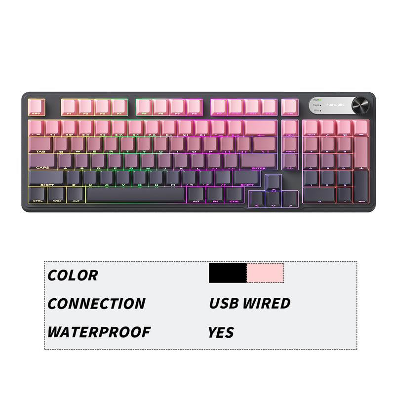 FURYCUBE IP108 Foundation Gaming Keyboard, 108 Keys Keyboard Tri-Mode Cute Keyboard Classic Keyboard with Number Pad, Media Knob Custom Mechanical Feel Keyboard, RGB Backlit Ergonomic Office Silent Computer Keyboard for PC, MAC, PS4, Xbox ONE Gamer