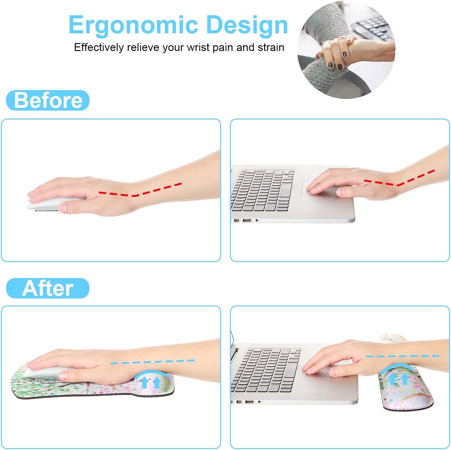 Ergonomic Mouse Pad with Wrist Rest Support and Keyboard Wrist Rest Pad Set,  Cute Wrist Pad with Non-Slip Rubber Base and Raised Memory Foam, Easy Typing & Pain Relief, Green Plants
