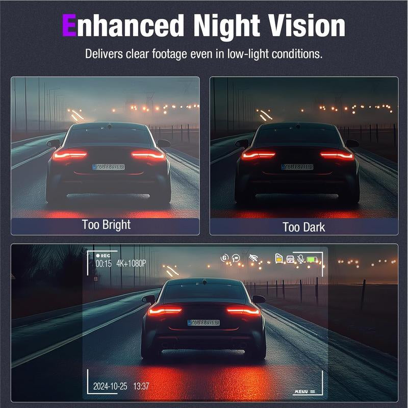 HYRORA 4K Triple Dash Cam with Wifi Front inside Rear View Night Vision 24H Parking Monitor Car Driving Recorder HD Crystal-Clear Recording 2 Inch Display Free 32GB Card Holiday Haul Christmas