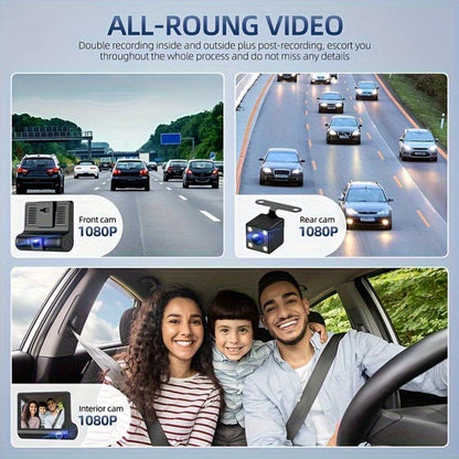 HD 1080P 3-Channel Dash Camera with Front inside Rear Recording, Night Vision Car DVR with 4-Inch Large Screen, Reversing Assist, Loop Recording, Parking Monitor, Accident Evidence Recorder, Built-In 32GB Memory for Safe Driving