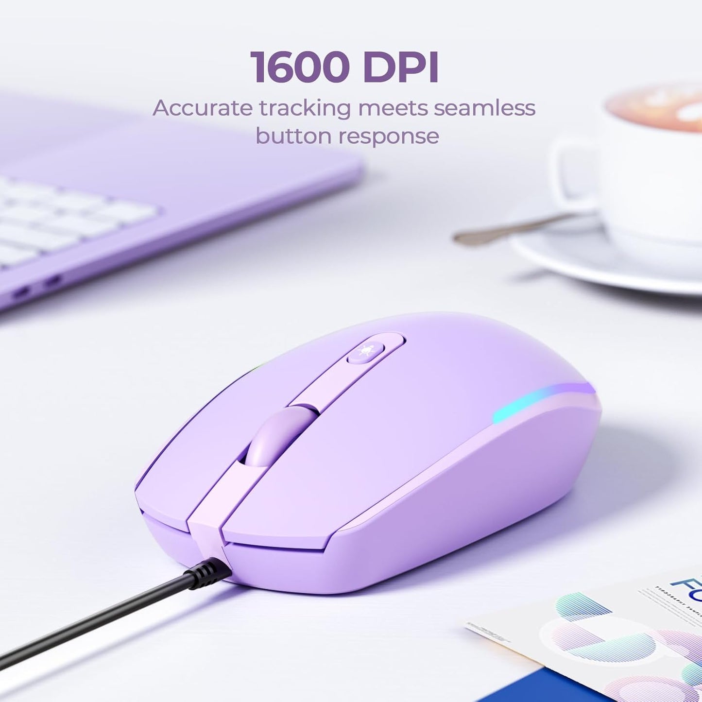 Wired Mouse - USB Computer Mice Wired with RGB Backlit Optical LED Mouse with Attached USB Cord for Laptops Notebooks Chromebook - Purple